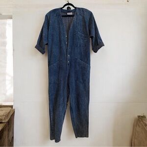 VTG 90s Prezzia Denim Jumpsuit Button Front Original Shoulder Pads Made in USA